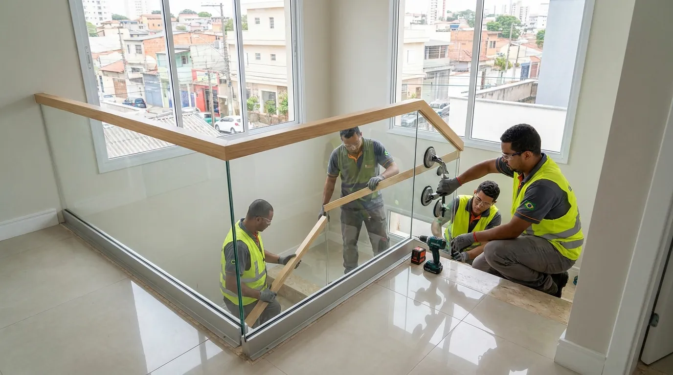 Equipe instalando guarda-corpo de vidro